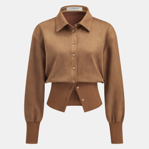 Cinched Waist Button-Front Suede Effect Shirt