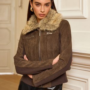 Faux Fur Collar Knit Panel Suede Effect Jacket