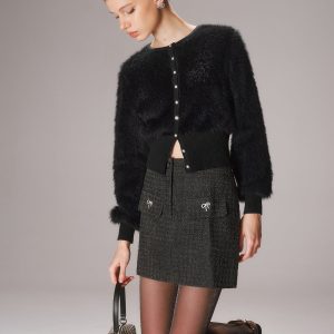 Button-Front Faux Mink Cropped Cardigan