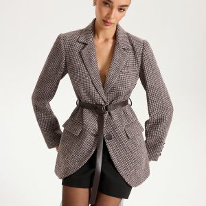 Belted Houndstooth Blazer