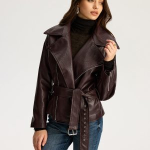 Zip Front Belted Faux Leather Jacket