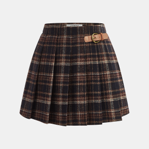 Buckle Detail Plaid Pleated Mini Skirt