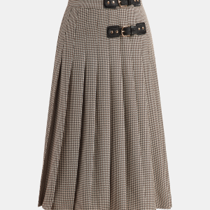 Buckle Detail Houndstooth Pleated Midi Skirt