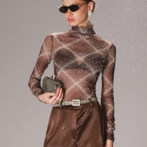 Turtleneck Sheer Mesh Plaid Long Sleeve Top