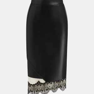 Lace Hem Faux Leather Midi Skirt