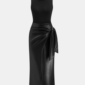 Sleeveless Bodysuit and Faux Leather Skirt Set