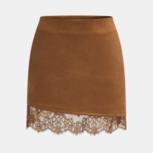 Lace Hem Suede Effect Mini Skirt