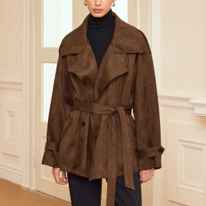 Lapel Suede Effect Belted Trench Coat