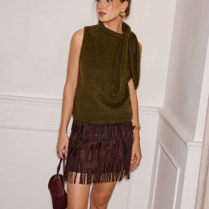 Wool Blend Tie Neck Sleeveless Sweater Vest