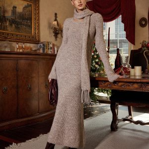 Long Sleeve Knit Maxi Dress with Scarf