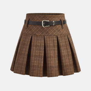 Belted Pleated Plaid Mini Skirt