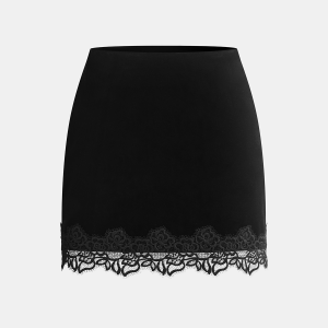 Floral Lace Trim Velvet Mini Skirt