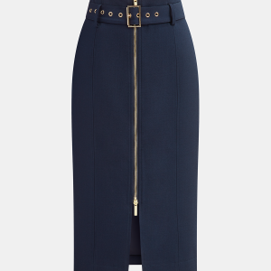 Belted Zip-Front Split Midi Skirt