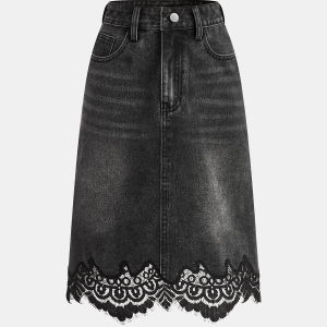 Lace Hem Denim Midi Skirt
