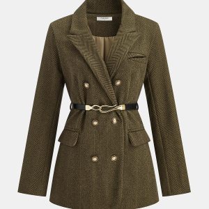 Belted Herringbone Double-Breasted Blazer