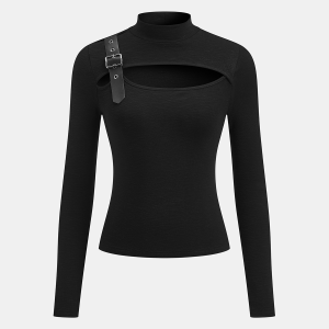 Buckle Detail Cut-Out Mock Neck Top