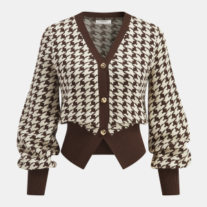 Houndstooth Puff-Sleeve Cropped Knit Cardigan
