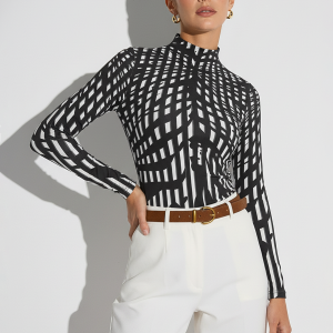 Geometric Print Mock Neck Long-Sleeve Top