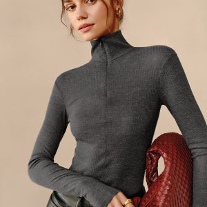 Turtleneck Ribbed Zipper T-Shirt
