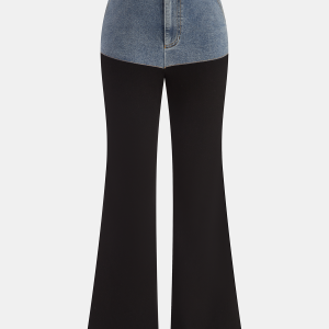 Mid-Waist Denim Panel Flared Pants