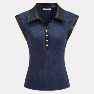 Faux Leather Panel Cable Knit Sleeveless Polo Top