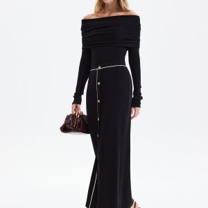Contrast-Trim Button-Front Maxi Knit Skirt