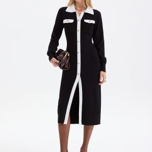 Contrast Trim Decor Pockets Split Hem Shirt Dress