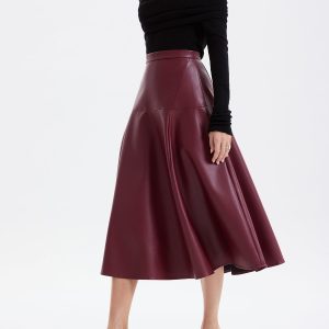 Wave Hem Faux Leather Midi Skirt