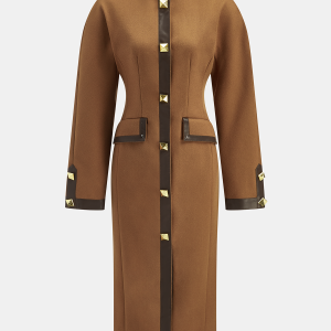 Faux Leather Trim Tweed Long Coat