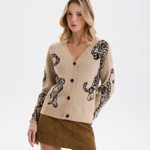 Tiger Jacquard V-Neck Knit Cardigan
