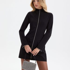 Rhinestone Trim Mock Neck Mini Dress