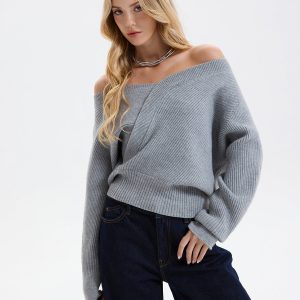 Asymmetric Off-Shoulder Ribbed Sweater