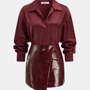 Satin Shirt and Faux Leather Skirt Set