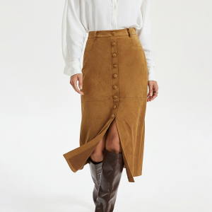 Decorative Button Suede Effect Slit Midi Skirt