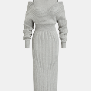 Off-Shoulder Waist-Defined Rib-Knit Midi Dress