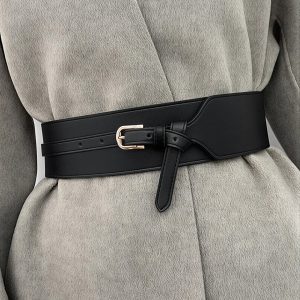 Wide PU Leather Belt with Gold-Tone Buckle