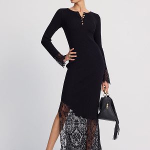 Lace-Trimmed Ribbed Knit Midi Dress