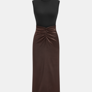 Mock Neck Top and Ruched Satin Skirt Set