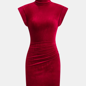 Velvet Mock Neck Ruched Sleeveless Dress