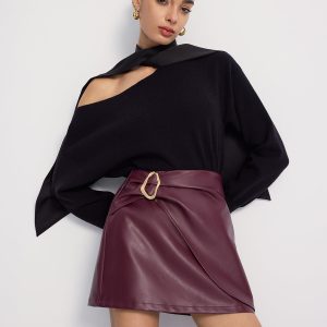 Metal-Detailed Faux Leather Wrap Mini Skirt