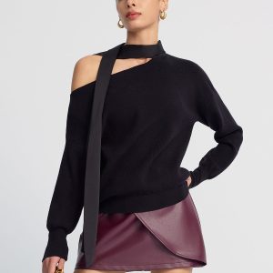 Tie-Detail Cold-Shoulder Knit Sweater