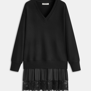 Pleated Hem Lace-Trimmed Sweatshirt Dress