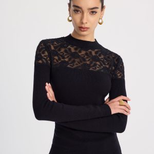 Sheer-Lace Paneled Knit Sweater