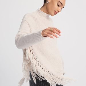 Oversized Fringe Mock-Neck Sweater