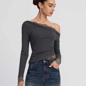 Off-Shoulder Lace-Trim Long-Sleeve Top