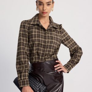 Collared Puff-Sleeve Plaid Bodysuit
