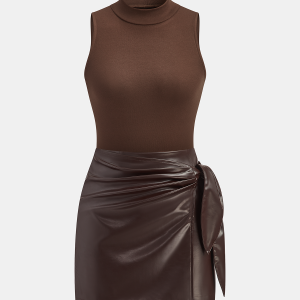 Mock Neck Top with Faux Leather Skirt Set