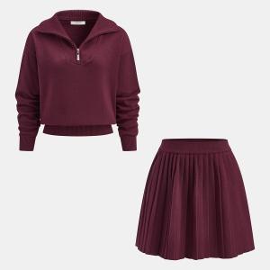 Half-Zip Knit Top & Pleated Skirt Set