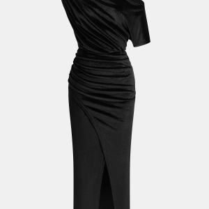 One-Shoulder Ruched Velvet Dress