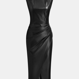 Draped Faux Leather Midi Dress with Side Slit